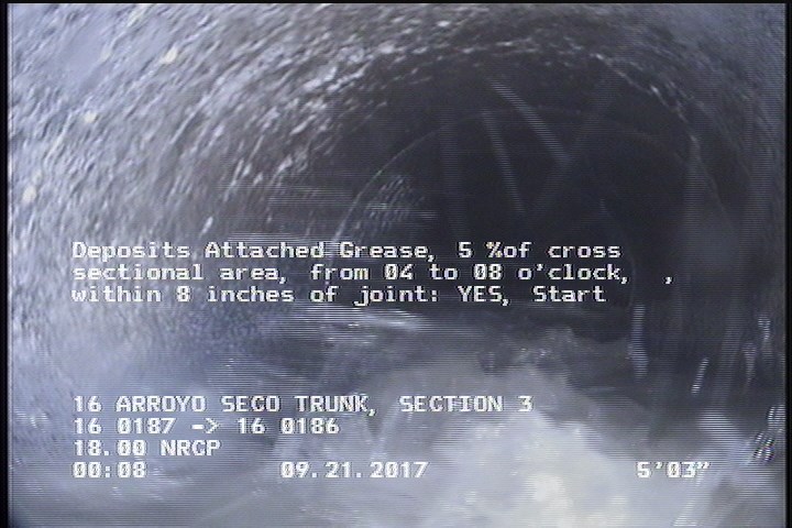 Deposits Attached Grease, 5 %of cross sectional area, from 04 to 08 o'clock, , within 8 inches of joint: YES, Start