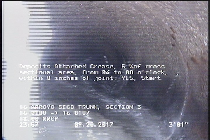 Deposits Attached Grease, 5 %of cross sectional area, from 04 to 08 o'clock, , within 8 inches of joint: YES, Start