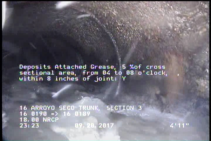 Deposits Attached Grease, 5 %of cross sectional area, from 04 to 08 o'clock, , within 8 inches of joint: YES, Start
