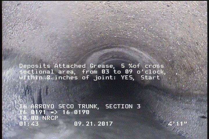 Deposits Attached Grease, 5 %of cross sectional area, from 03 to 09 o'clock, , within 8 inches of joint: YES, Start
